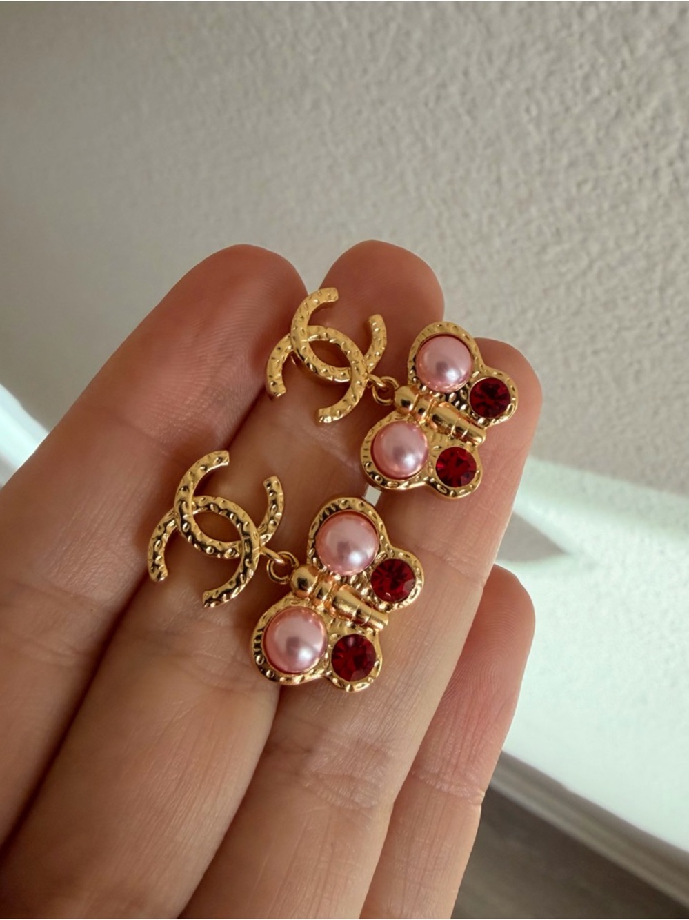 Chanel Gold CC Butterfly Drop Earrings w/ Pearl & Red Crystals - Picture 3 of 10
